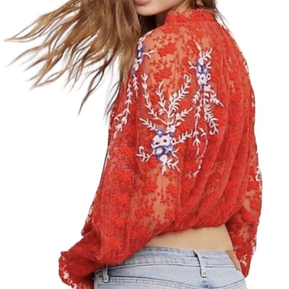 Free People Jubilee Red Embroidered Floral Mesh Oversized Top Womens Size XS - Picture 6 of 16